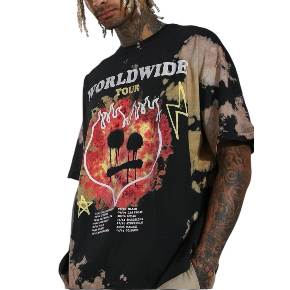 BoohooMAN Oversized Worldwide Drip Face Tie Dye T-Shirt Sz L Streetwear Graphic